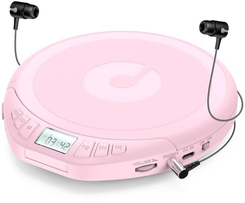 Gueray Reproductor de CD HiFi Reproductor CD Portatil con Auriculares Pantalla LCD Soporta Prog ASP Función de Memoria Función de repetición Efecto sonoro Rosa