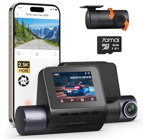 70mai Dash Cam Anteriore e Posteriore A410, Doppia Dashcam 2.5K+1080P HDR, Visione Notturna Super, Apertura F1.55, Modalità Parcheggio 24H, WiFi GPS, G- Sensor, Registrazione in Loop, Include 64GB SD