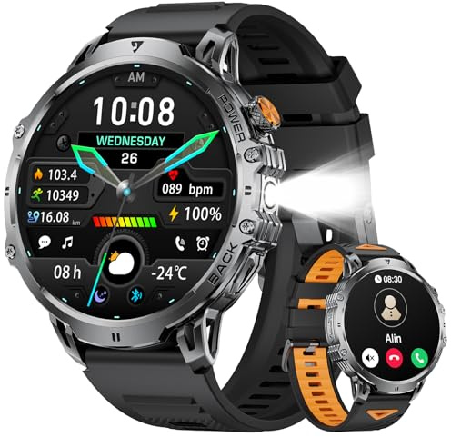 LIGE Militär herrsmartklocka, 1,85 tum Smartwatch för män med/Bluetooth-samtal, 1 000 mAh/LED-ficklampa/100 sportlägen/sömnskärm, IP68 vattentät för Android iOS, silikon