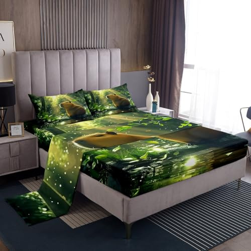 Erosebridal Cute Beaver Bed Sheets Set Twin Size for Kids, Wild Animal Flat Fitted Sheet for Bedroom, Wildlife Bedding Set, Rustic Farmhouse Style Bed Sets