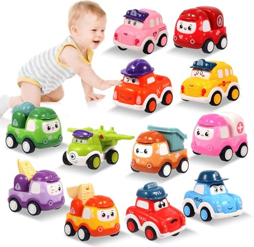LITTLECUCU Pull Back Vehicle Set, 12-Piece Construction and Racing Cars, Educational Toys for Children 3-6 Years
