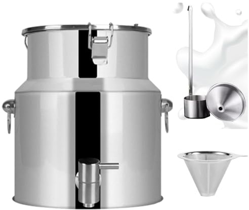 GJUANN Stainless Steel Milk Can, Wine Pail Bucket Tote Jug Oil Barrel Tank Milk Churn Can with Spigot and 250 mesh funnel,28L
