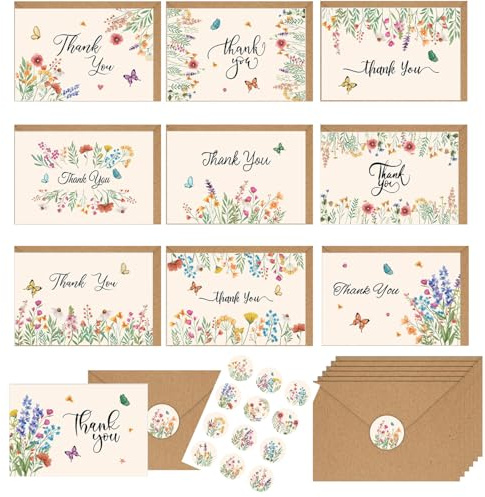 leersao Cartes de vœux florales 10 x cartes de remerciement en carton avec | 10 enveloppes en papier kraft marron et 10 autocollants floraux ronds
