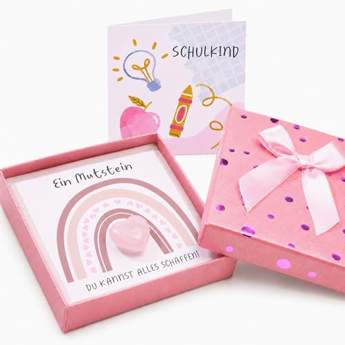 Schulkind 2026 Mädchen, Schulanfang Geschenk für Mädchen - Einschulung Geschenk mit Rosenquarz Herz Mutstein, Glücksstein Handschmeichler, Schultüte Füllung für die erste Klasse, Karte Geschenkbox