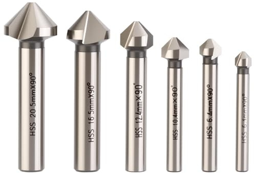 Countersink Drill Bit Set for Steel, 3 Flute 90 Degree HSS Chamfering Tool Bit for Metal Wood Woodworking Metal Working Tool Bit Set, Pack of 6pcs 1/4 1/2