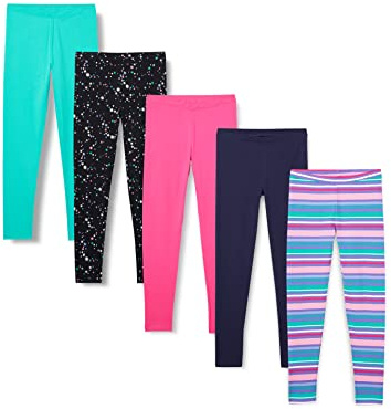 Amazon Essentials Girls' Leggings, Pack of 5, Aqua Green/Black Stars/Navy/Pink/Stripes, 7-8 Years