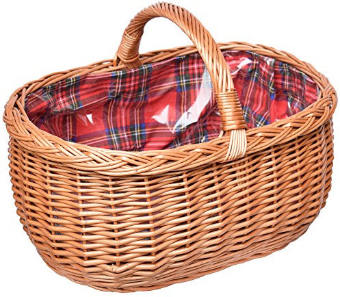 YULKA Einkaufskorb Weide Henkelkorb 51cm handgefertigt mit Schottenkaro-Futter