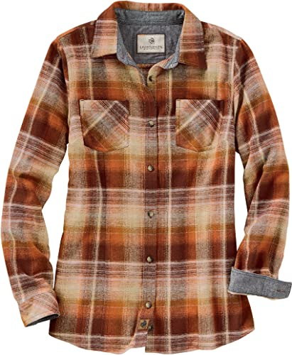 Legendary Whitetails Women's Cottage Escape Flannel Long Sleeve Plaid and Solid Color Clothes for Women, Fitted Button Down, Pumpkin Spice, Medium, Pumpkin Spice, M