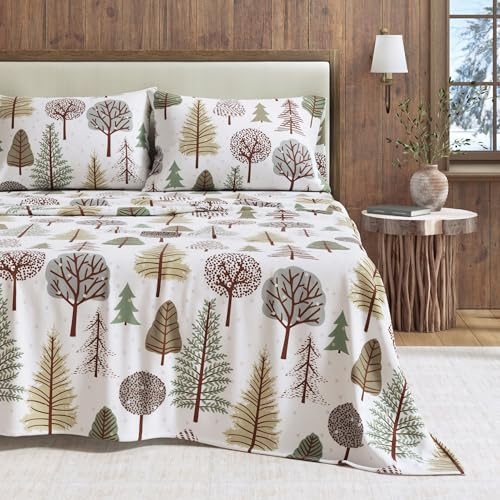 Great Bay Home Set di lenzuola in flanella per letto king size, 100% cotone turco, doppio, spazzolato, invernali, ultra morbide, comode, set di biancheria da letto rustica (foresta innevata)