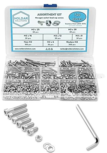 NOLDAR | Surtido de tornillos allen con cabeza cilíndrica, tuercas hexagonales y arandelas planas. Kit tornillería de acero inoxidable de 720 piezas. Métrico M3. Longitudes desde 6 mm hasta 25 mm.