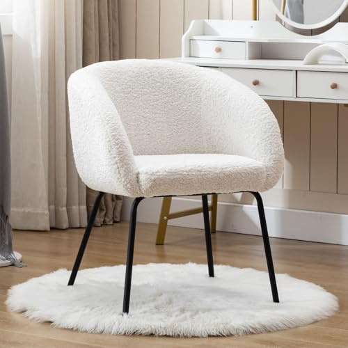 chairus Silla de Tocador con Respaldo Curvado Silla Tapizada de Lana Sintética, Sillón de Salón con Patas Negras Butaca Moderna para Tocador/Dormitorio, Blanco