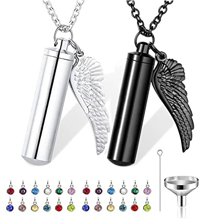 Stfery Asche Anhänger, Kette Edelstahl Damen 2 Stück Urnen Schmuck Set Silber Schwarz Engel Flügel Geburtsstein Katze Hund