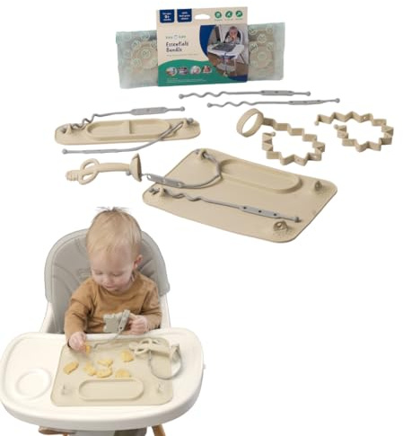 Busy Baby Complete Gift Bundle - Includes Regular and Mini Size Suction Feeding Placemats, One Teething Spoon, Six Multipurpose Straps and Two Bungees. Food-Grade Silicone. Aids Development. Tan