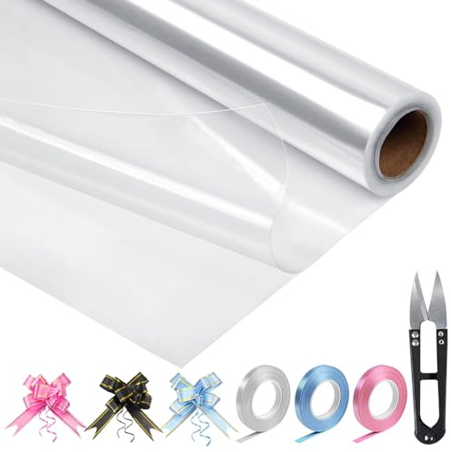 HTHL Clear Cellophane Wrap for Hampers,15M x 80CM-Folded in Half, Cellophane Gift Wrapping Roll with 30 Pull Bows,3 Ribbon Rolls, and Scissors for Florist Bouquet Valentine & Birthday Basket Gifts