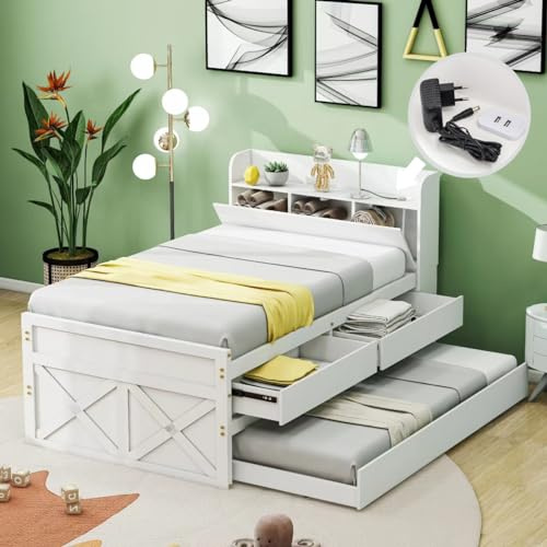 KUAKE Letto singolo 90x190cm, letto in legno massiccio di pino multifunzionale con cassetto estraibile, rete a doghe, comodino con ripiani e presa USB, letto per ragazzi e ospiti (Bianco)
