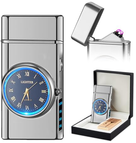 SKRFIRE Electric Lighter Double Arc Plasma Lighter, Rechargeable Lighter with Battery Display Indication Cool Lighter Revolve with Gift Box for Friends, Family, Candles(Silver)