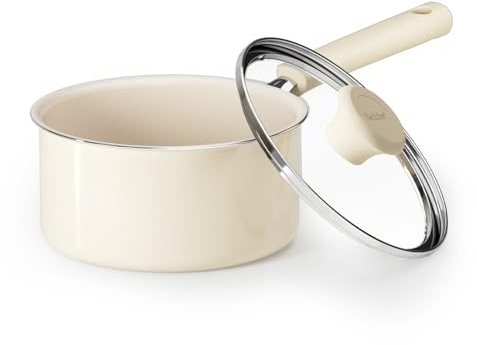 Redchef Ceramic Nonstick Saucepan with Lid, 1.5QT Small Cooking Pot, Non Toxic Sauce Pans for Kitchen, Cool Handle PFAS Free Compatible with All Cooktops, White