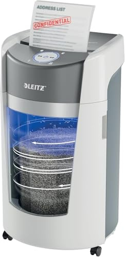 Leitz IQ OptiMax Office P5 Distruggidocumenti Professionale a Taglio Micro, Distrugge 12-10 Fogli, Tecnologia di Rotazione del Cestino e capacità extra del 33%, Silenzioso, Cestino da 35 L, 83600000
