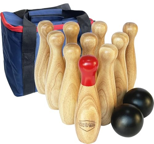 Wooden Bowling Game Throwing Bottles Outdoor Lawn Game for Family Pins Game Set with Carring Bag (H 20cm, 10 pins+2 balls)