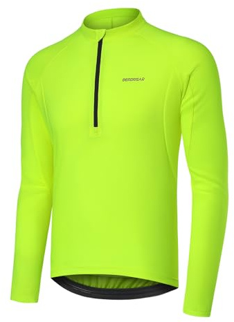 BERGRISAR - Maglia da ciclismo da uomo a maniche lunghe con zip a mezza lunghezza, maglia da bici con tasche con cerniera, maglia da ciclismo, maglia da bicicletta, maglia da mountain bike