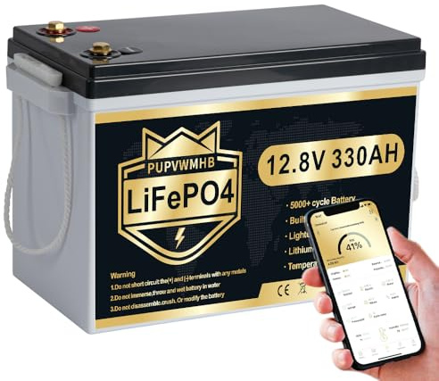 PUPVWMHB 12 V 330 Ah LiFePO4 batteri, 200 A BMS 12 V litiumbatteri, upp till 15 000 cykler, max 4 224 Wh energi med låg temp cut off, perfekt för husbil, sol, trolling motor