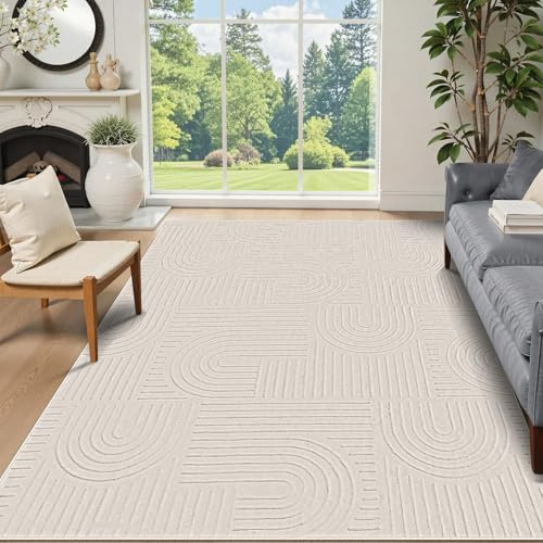 Edlbaegy Rugs Living Room Large 160x230 Washable Cream Area Rugs Fluffy Low Pile Soft Geometric Modern Anti Slip No Shedding Carpets for Bedroom Sitting Room Office Dining Room Decor