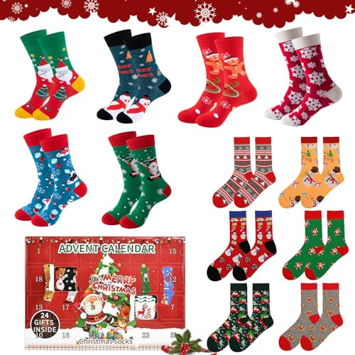 Calendrier de L'avent Chaussettes, 12 Paire Chaussettes de Compte à Rebours de Noël, 24 Jours de Chaussette s, Motif de Noë l Intéressant Chaussette s, Chaud, Séchage Rapide, Unisex, Cadeaux de Noël