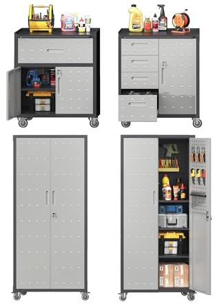 VIYET 4-Pack Rolling Garage Tool Cabinet,Heavy Duty Steel Rolling Tool Chest with Lockable Doors & Adjustable Shelves,Mobile Workshop Storage Cart for Garage Organization,Black/Grey