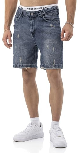 RED BRIDGE Short en Jean Homme – Bermuda Denim Effet usé avec déchirures – Style 5 Poches Coupe Droite Regular Fit, Longueur Genou avec Ourlet effiloché