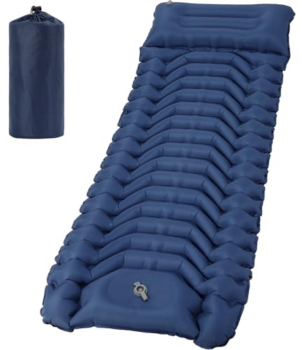 HAUSPROFI Colchoneta aislante para camping, ultraligera, colchón de aire con bomba de pie y almohada, colchón inflable, compacto y ligero, esterilla de camping para senderismo, playa, exterior, azul