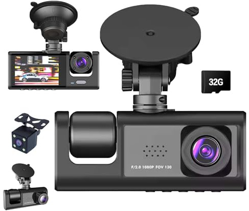 3 Channel 1080P Dash Cam with APP Control, 5GHz WiFi, Card Included 32GB SD, 170° Wide Angle, Loop Recording, G-Sensor, 24H Parking Mode