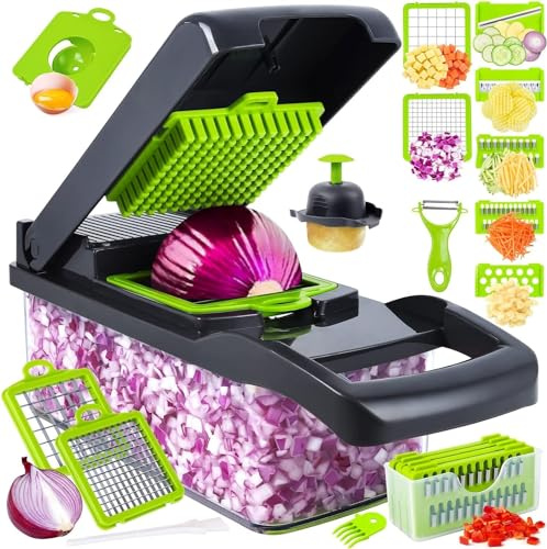 14-in-1 Vegetable Chopper with Container & Interchangeable Blades – Veggie & Onion Chopper, Food Dicer, Mandoline Slicer for Kitchen, Vegetable Slicer for Fast Meal Prep