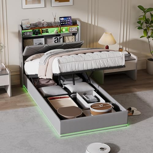 KOOPMAD Cama individual 90x200 con cajón, cama tapizada con LED y USB, cama juvenil 90x200 con espacio de almacenamiento en el cabecero, cama boxspring, sofá cama, estructura de cama con somier, lino