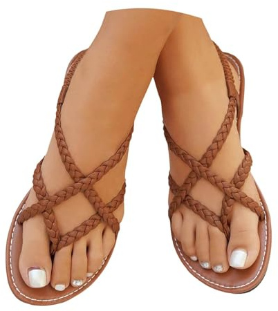 Strappy Flat Sandals for Women Open Toe Boho Braided Ankle Strap Ladies Casual Summer Beach Vacation Sandals