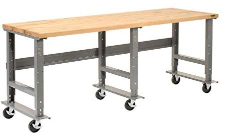 Global Industrial Adjustable Height Mobile Workbench, 800 Lbs Capacity, 1-3/4 Maple Butcher Block Square Edge, 96 W x 36 D, Gray Frame, Industrial Workbench