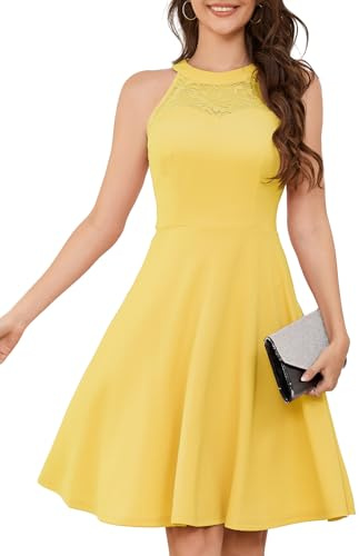 Bbonlinedress Robe de Soirée Cocktail Femme Halter Vintage pour Mariage Fête Bal Anniversaire Resto Evènement Sortie A Ligne Longueur au Genou Yellow XS