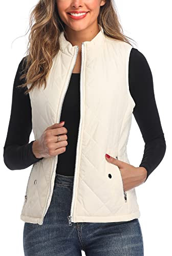 LONGKING Damen Weste Leicht Stehkragen Weste Steppweste mit Reißverschluss Ärmellose Oberteile Tops Coat Jacke Outdoor Weiß M