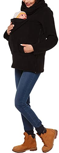 amropi Tragejacke für Mama und Baby 3 in 1 Damen Langarm Kapuze Känguru Umstandsjacke Warm Tragepullover mit Babyeinsatz Schwarz,XL