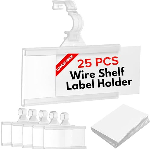 Plastic Wire Shelf Label Holder, Reusable Shelf Tags for Pantry Retail Store, Supermarket UPC Price Card & Ticket Display, Strong & Easy Clip Design Tight Snap Lock Closure. 1-1/4 H X 3 W (25)