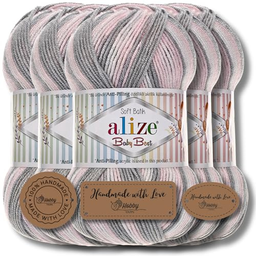 Alize Baby Best Batik - 5 gomitoli da 100 g, filato turco adatto per bambini, tinta unita, adatto da lavorare a maglia e all'uncinetto, soffice (6664)