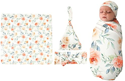 LICHENGTAI Baby Pucksack Pucktücher mit Hut und Haarband, Niedlich Geknotete Kappe Anti-Kicking-Schlafsack Neugeborene Kleidung Mantel Weiche Baumwolle Wickeln für Baby Jungen Mädchen