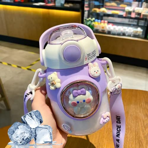 LEJN 28 oz Water Bottle Kawaii with Adjustable Shoulder Strap for Summer Cold Water Chill Portable Leakproof BPA-free Cartoon Children Cup Capsule Bottle Traveling Hiking (Purple820ml)