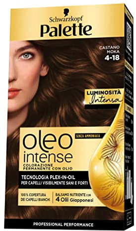 Schwarzkopf Palette Oleo, Senza ammoniaca, colorazione permanente copertura professionale capelli bianchi, 4-18 Castano Moka, confezione singola