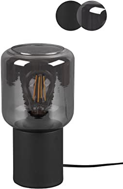 lightling Tischleuchte Niklas mit Fuß aus schwarz matt Metall, Glaschirm aus Rauchglas, Schnurschalter, exkl. 1 x E27 max. 40W, ø 13 cm, Höhe 24 cm