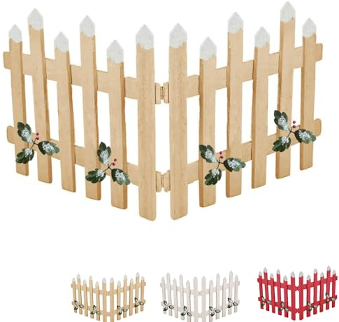 Virsus Staccionata in Legno per Albero di Natale, misura 90x30 cm, Recinzione con punte Innevata e Agrifoglio, Recinto con 2 sezioni pieghevoli, Decorazioni Natalizie -5511 (Legno Naturale)