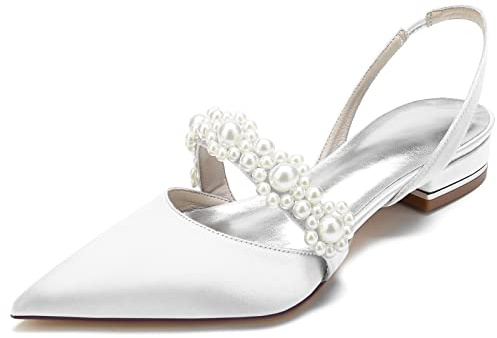 LRMYMHY Women Satin Slingback Bridal Shoes Ballet Flats Shoes Pearl Pointed Toe Wedding Party Dress Pumps,White,9 UK