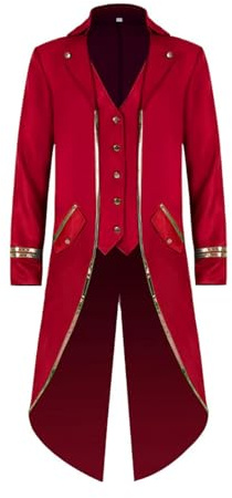 FJKVKDT Giacca Medievale da Uomo Stile Frack, Giacca Vintage, Stile Retro Gotico Vittoriano, Costume per Halloween, Rosso, L