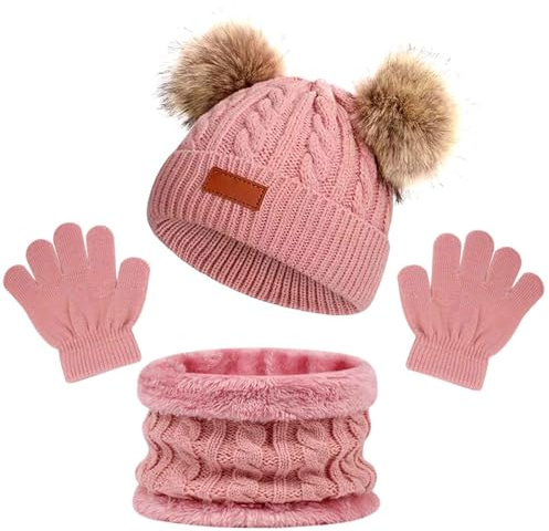AWAVM 3Pcs Kids Winter Warm Beanie Hat Scarf Gloves Set for 1-5 Years Old Boys Girls. Winter Accessories Sets for Children Outdoor Sports, Knit Thick Warm Fleece Lined Thermal Sets (Pink 1)