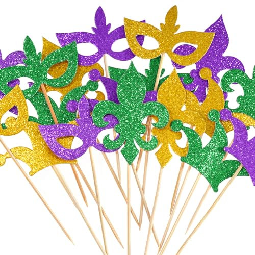 Lot de 36 décorations à paillettes pour cupcakes Mardi Gras Carnaval Mardi Gras Couronne Masque Fleur de Lis Mardi Gras Centre de table pour Mardi Gras Carnaval Mascarade Party Favors