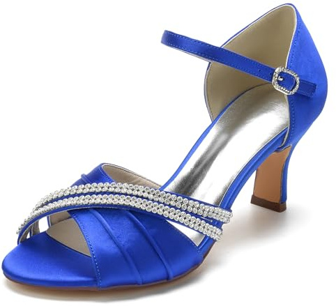 Hanfike Sandalias de fiesta para mujer, diamantes de imitación, tacón bajo, zapatos de noche de boda JY107, azul real, 37 EU
